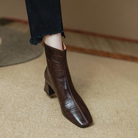 法式方头小短靴洋气美拉德真皮马丁靴百搭通勤粗跟显瘦羊皮女靴子PS&PS2086-AA
