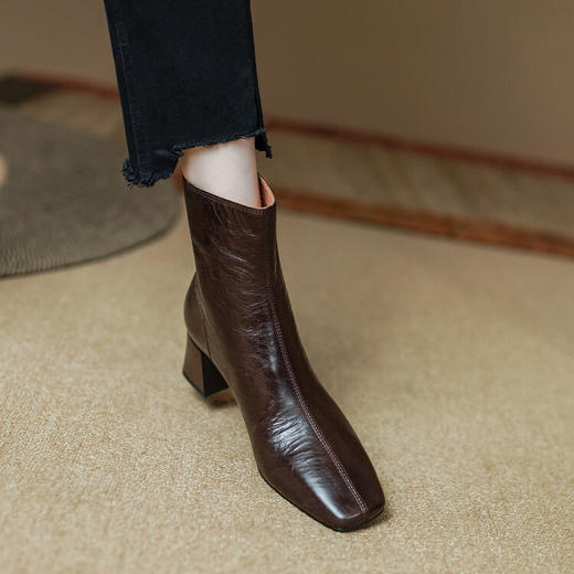 法式方头小短靴洋气美拉德真皮马丁靴百搭通勤粗跟显瘦羊皮女靴子PS&PS2086-AA 商品图0