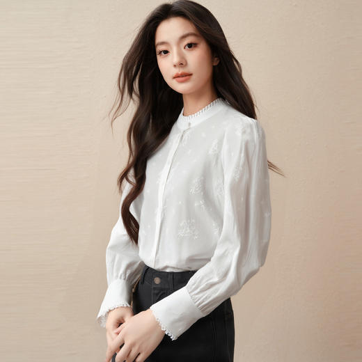【商场同款】诗凡黎法式刺绣花边衬衫25秋新款纯棉长袖3G8221221 商品图0