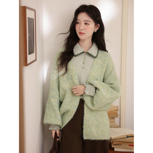 鹿向南「柔系清氛」绿色软糯毛衣女2025秋冬韩系慵懒风宽松小开衫 商品图1