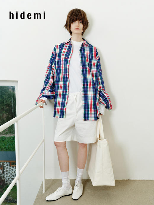 hidemi副线小h 小男孩色织格纹有机棉休闲宽松长袖衬衫外套长裤包方巾四件套 商品图7