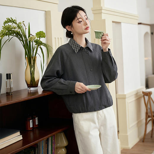 西遇格纹拼接假两件外套女2026年春季新款翻领宽松灰色夹克上衣10260020 商品图2