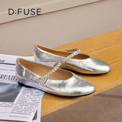 Dfuse迪芙斯2026春季新款圆头钻链抓皱牛皮复古玛丽珍舒适平跟鞋女鞋DFE1111018 商品图3
