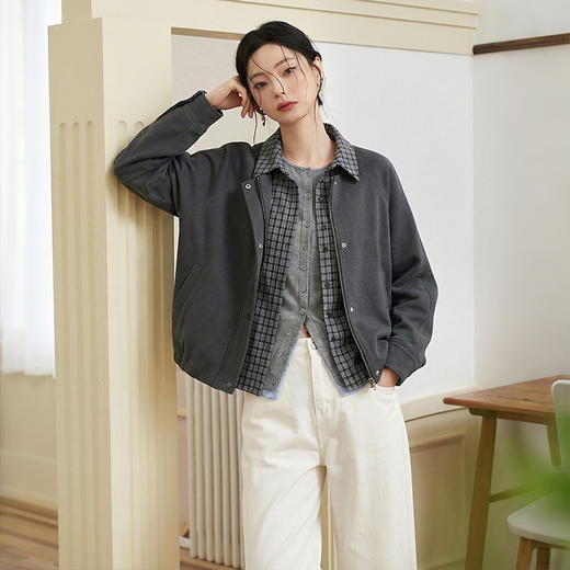 西遇格纹拼接假两件外套女2026年春季新款翻领宽松灰色夹克上衣10260020 商品图0