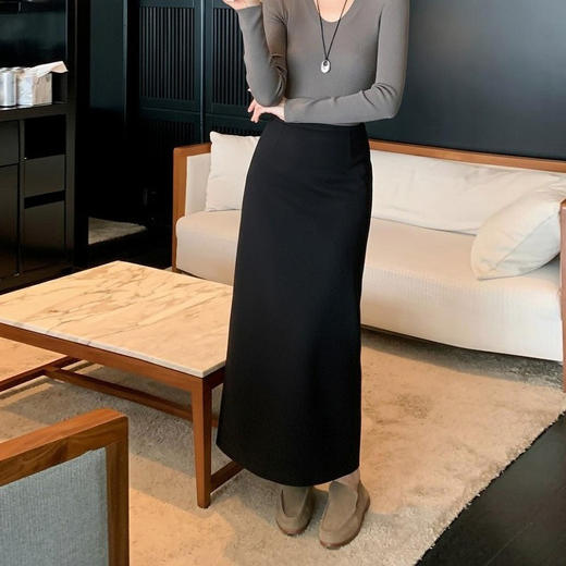 【合作款】秋冬直筒百搭显瘦A字后开叉毛呢包臀裙  yc0112003 商品图3