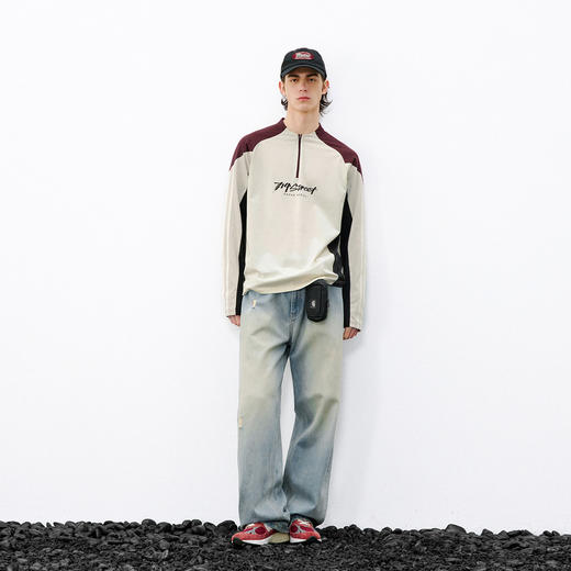 714street户外速干骑行服复古拼接运动长袖2026春宽松半拉链T恤男 商品图4