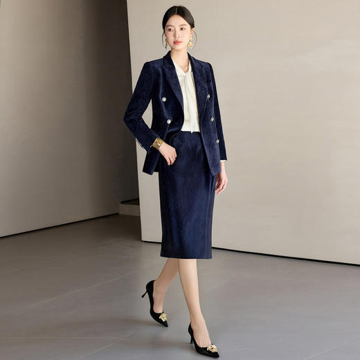 IWY/藏蓝色双排扣西装套装女秋冬气质丝绒职业装通勤套裙工作服24CS673 商品图2