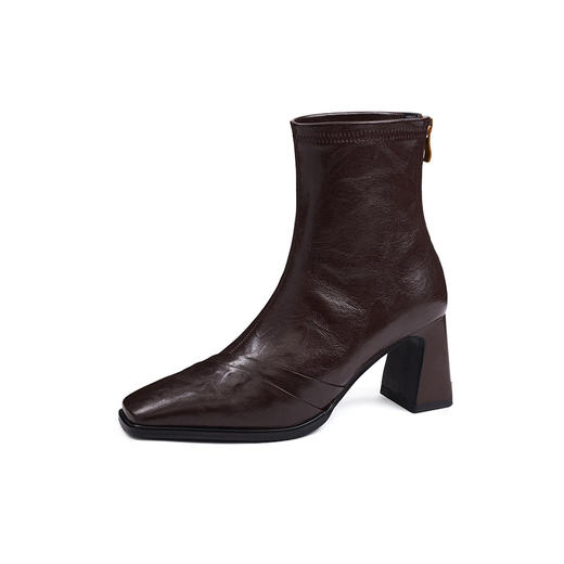 【预售5天】法式复古美拉德棕色弹力瘦瘦短靴秋冬新款时尚方头粗跟高跟单靴b7296 商品图4