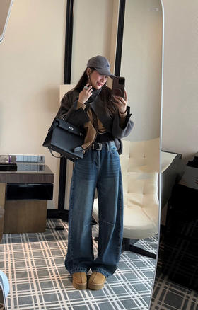 大幂幂同款加绒老爹弯刀牛仔裤