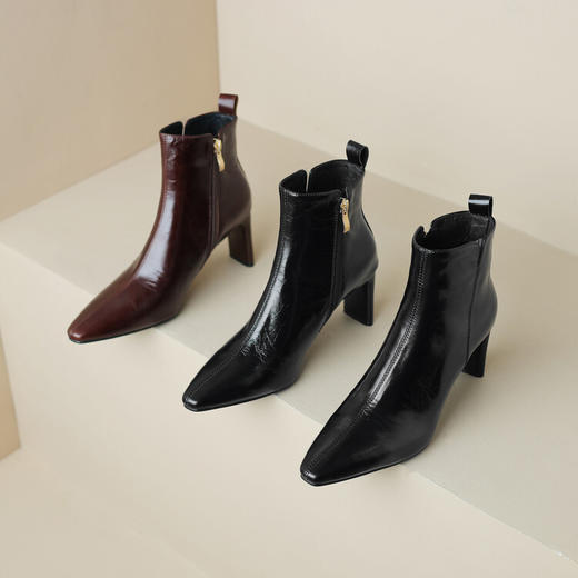 【预售5天】法式小短靴秋冬季加绒高跟鞋粗跟软底真皮软皮尖头裸靴子&521-9 商品图3