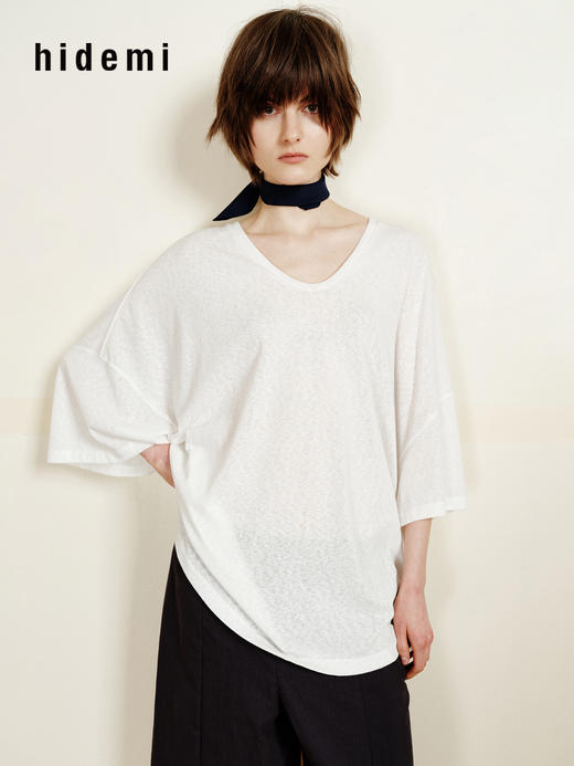 hidemi副线小h 简约U领松弛宽松T恤上衣 商品图3