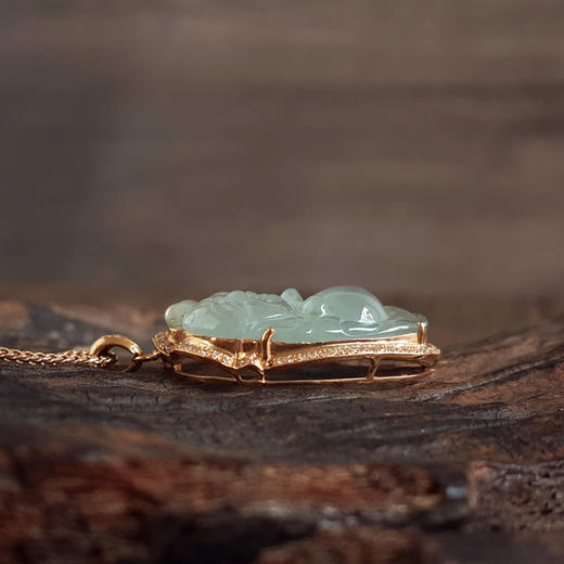 【天然正品】A货翡翠AU750玫瑰金镶钻镶天然细腻白色冰种逍遥佛（乐观豁达、福气满满）翡翠吊坠项链36.2*19.3*8.7MM(皆取最大值)链长：41CM 301225NJS21 商品图5