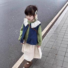【亲肤柔软材质❗️清新可爱高级】女童韩系套装2025秋冬新款儿童花边领加绒马甲宝宝毛衣夹棉半身裙。jc