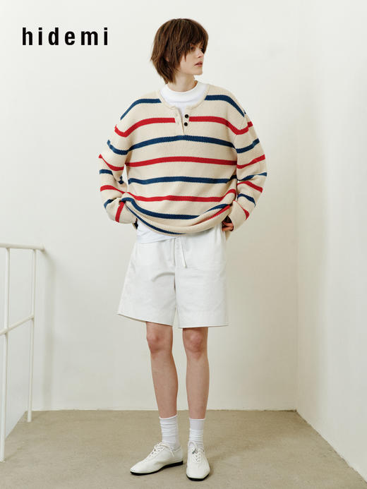 hidemi副线小h 条纹撞色亨利领休闲套头上衣针织衫 商品图9