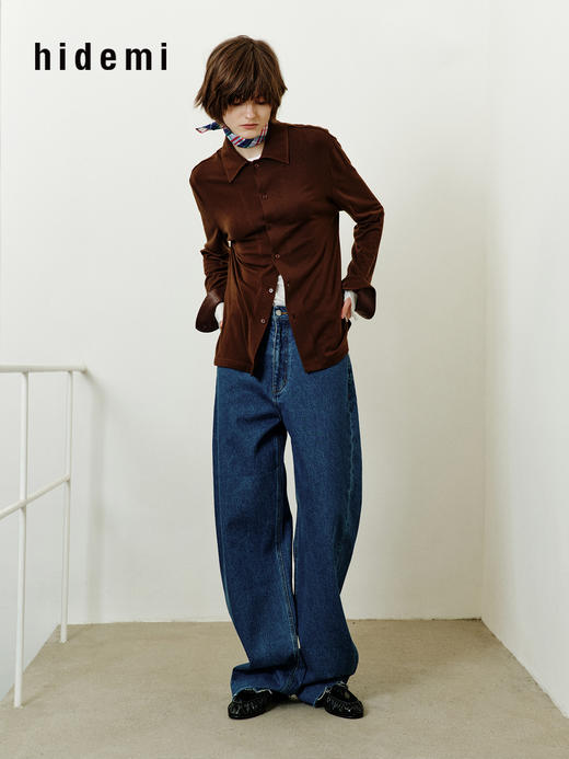 hidemi副线小h 宽松简约翻领长袖T恤开衫 商品图4