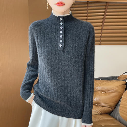 丁摩 秋冬新款羊毛衫女双层半开立领套头内搭坑条上衣针织打底衫5ZF-46656 商品图3