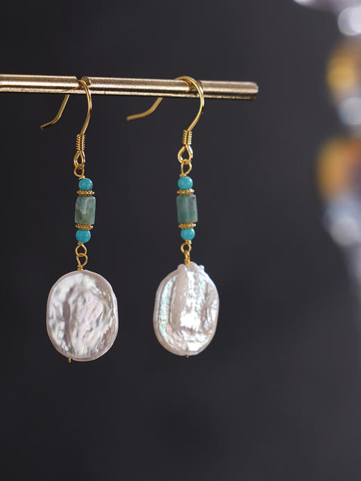 子佩集【天香御珠】银S925珍珠惜王妃耳环【SGE0320008】10*13mm珠巴洛克镀金凤凰松石2601 商品图4