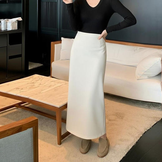 【合作款】秋冬直筒百搭显瘦A字后开叉毛呢包臀裙  yc0112003 商品图2