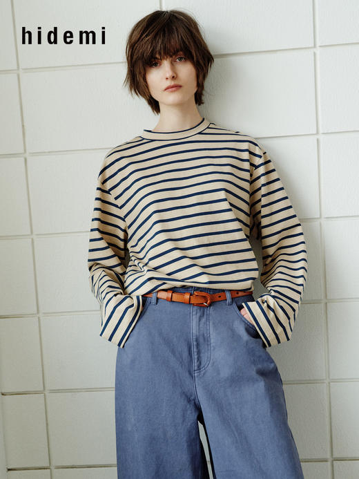 hidemi副线小h 少年感圆领撞色宽松条纹长袖T恤 商品图2