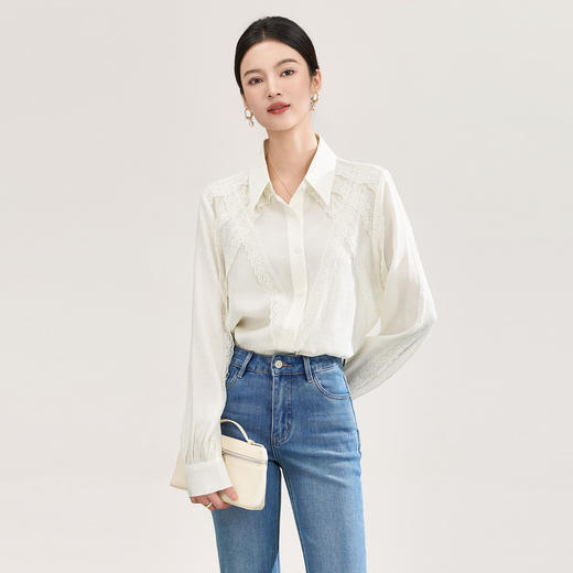 「高货wl」全新升级【铂金会员293/天猫389/差价96】(01638)洛诗琳法式气质翻领衬衫2026春季新款蕾丝边拼接长袖上衣 商品图0