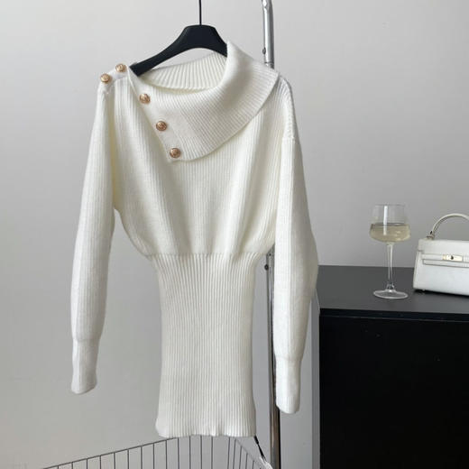 【亲肤保暖舒适❗️时尚简约百搭】纯欲风斜肩长袖针织连衣裙女春季修身灰色短裙显身材收腰包臀裙子。jc 商品图2