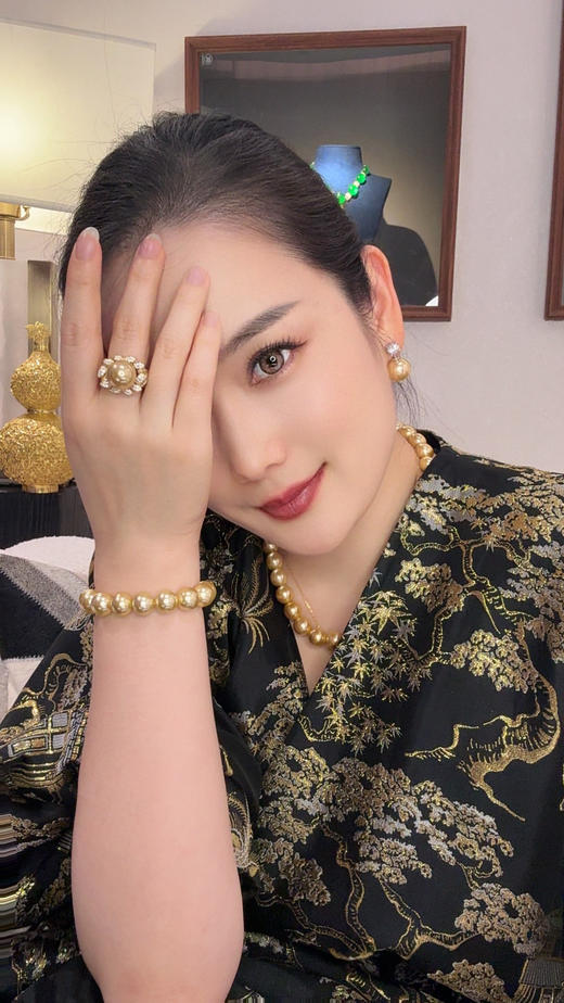 GAONAS 仿珍珠戒指 女士花朵设计14mm金色珠戒指11755JGO 商品图3