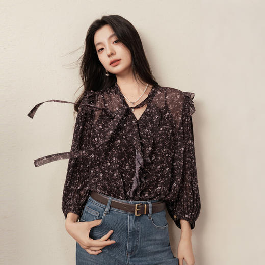 【商场同款】诗凡黎西西里漫花雪纺衫25秋新款长袖衬衫3G8721201 商品图0