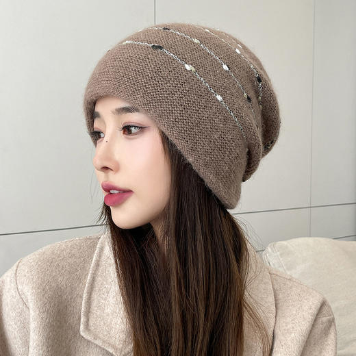 丁摩 兔毛针织堆堆帽秋冬跳线毛线帽加绒加厚户外保暖护耳女士帽子5ZF-8 商品图1