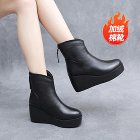 丁摩 秋冬坡跟短靴牛皮单靴厚底防水台女靴冬季加绒松糕短靴5ZF-2218