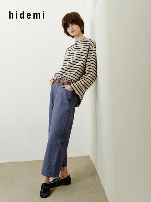 hidemi副线小h 少年感圆领撞色宽松条纹长袖T恤 商品图4