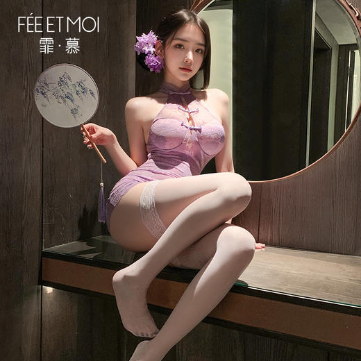 霏慕 新中式挂脖盘扣蕾丝旗袍6718 商品图3