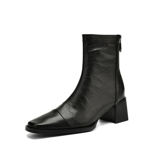 【预售5天】超软羊皮短靴女秋冬季新款加绒高跟靴子法式粗跟方头后拉链瘦瘦靴&9915 商品图4