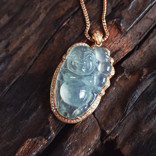 【天然正品】A货翡翠AU750玫瑰金镶钻镶天然细腻白色冰种逍遥佛（乐观豁达、福气满满）翡翠吊坠项链36.2*19.3*8.7MM(皆取最大值)链长：41CM 301225NJS21 商品图2