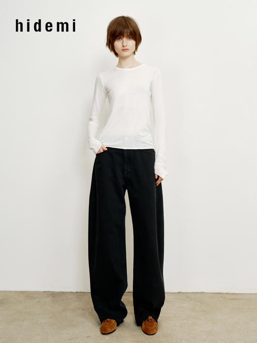 hidemi副线小h 匹马棉简约圆领修身卷边打底长袖T恤 商品图3
