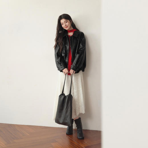 【严选】诗凡黎甜酷机车风PU皮衣外套2026春新款百搭通勤黑色短夹克上衣女7H1210131 商品图3