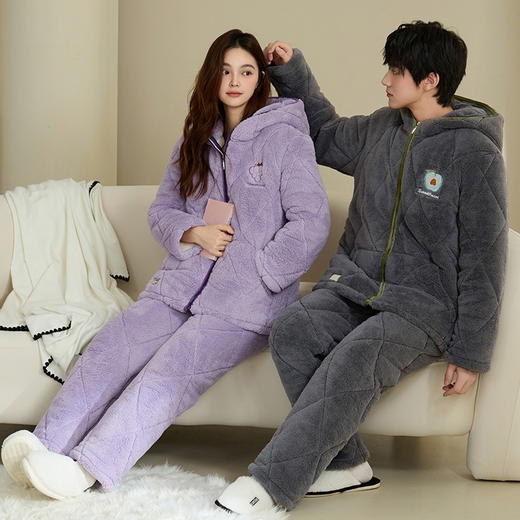 丁摩 情侣睡衣冬季三层夹棉加厚加绒天鹅绒珊瑚绒男女士连帽家居服套装5ZF-16001 商品图1
