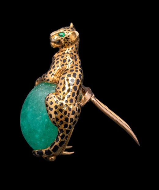 独角鹿西洋古董1948年代法国顶级珠宝品牌卡地亚出品18K黄金镶嵌蛋面祖母绿及珐琅「美洲豹」造型胸针 商品图5
