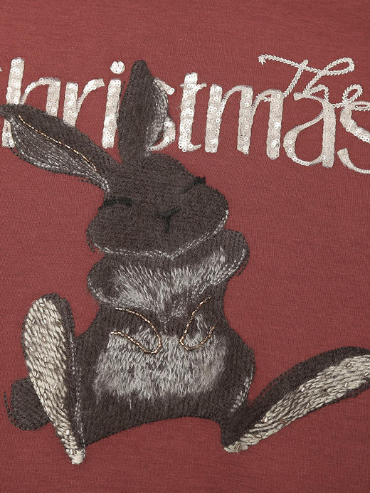 酒红色圣诞主题圆领卫衣 亮片兔子字母印花宽松落肩袖休闲显瘦秋冬节日氛围百搭上衣 商品图2