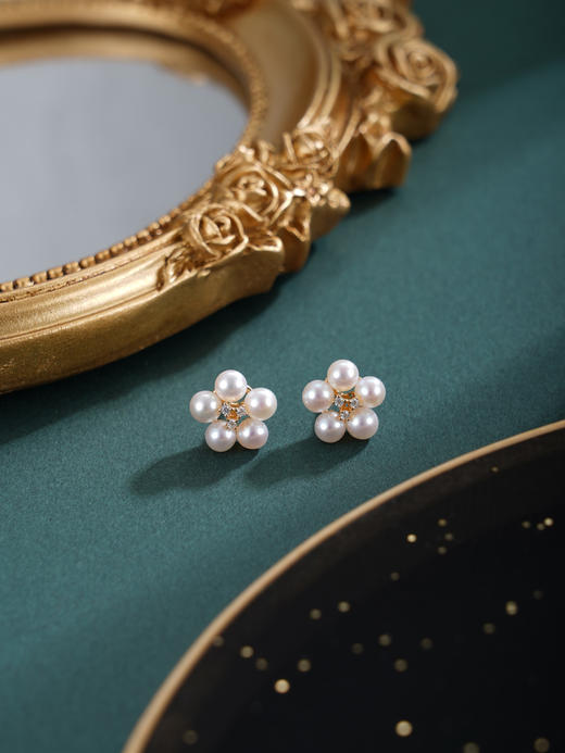 子佩集【花恋曲调】银S925珍珠惜王妃耳钉【MLEH013】3.8mm珠镀金梅花五瓣花朵2601 商品图2