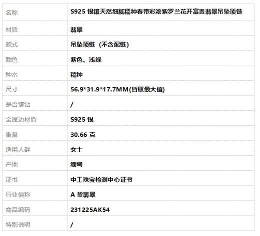 【天然正品】A货翡翠S925银镶天然细腻糯种春带彩浓紫罗兰花开富贵翡翠吊坠项链56.9*31.9*17.7MM(皆取最大值) 231225AK54特价：980 商品图9