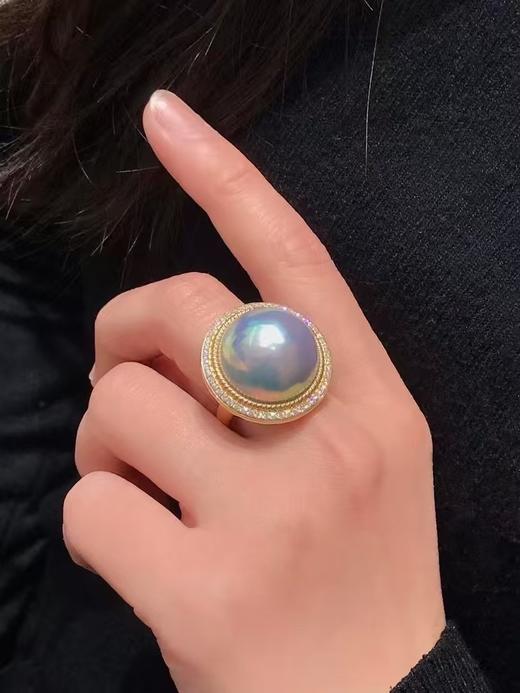 【私席真珠·新年盛宴】18K金镶钻马贝珍珠戒指18-19mm，戒圈14，孤品 商品图2