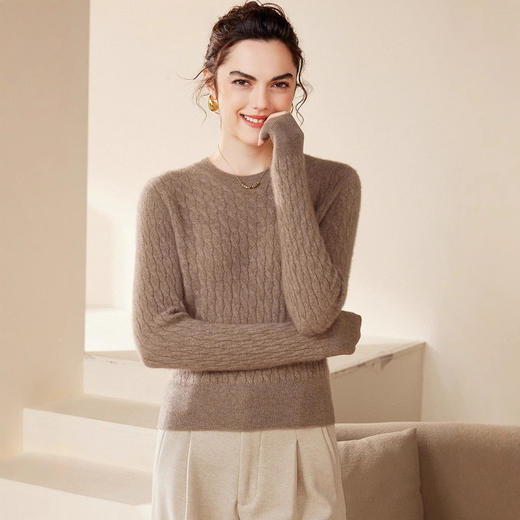 「高货rig」全新升级【铂金会员514/天猫689/差价175】(11152)洛诗琳气质保暖羊绒上衣2026新款圆领宽松扭花针织毛衣女 商品图3