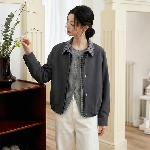 西遇格纹拼接假两件外套女2026年春季新款翻领宽松灰色夹克上衣10260020 商品图4