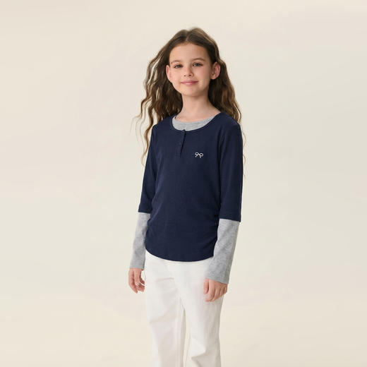 马克珍妮清新女孩女童假两件抽褶T恤2026年春装新款560186 商品图1