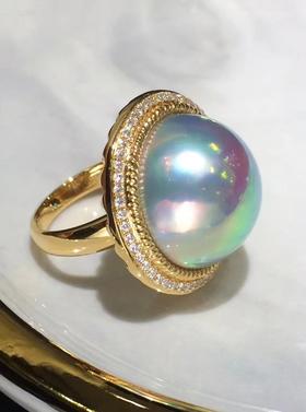 【私席真珠·新年盛宴】18K金镶钻马贝珍珠戒指18-19mm，戒圈14，孤品