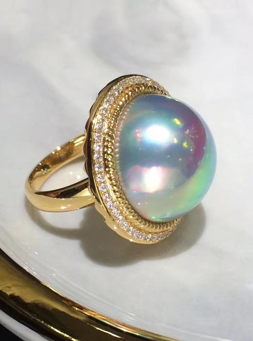 【私席真珠·新年盛宴】18K金镶钻马贝珍珠戒指18-19mm，戒圈14，孤品 商品图0