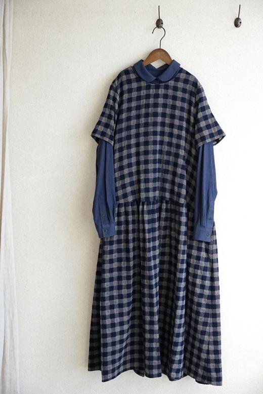 apuntob 羊毛格纹短袖连衣裙(蓝/棕格) 商品图10