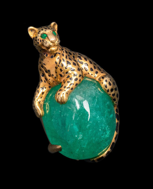独角鹿西洋古董1948年代法国顶级珠宝品牌卡地亚出品18K黄金镶嵌蛋面祖母绿及珐琅「美洲豹」造型胸针 商品图3