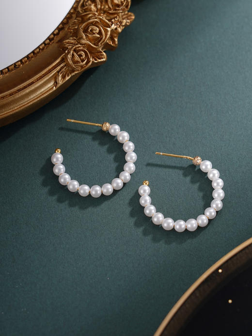 子佩集【慵光芙蕾】银S925珍珠惜王妃耳钉【MZEH001】3.5mm珠27mm圈镀金串珠圆圈半环2601 商品图4
