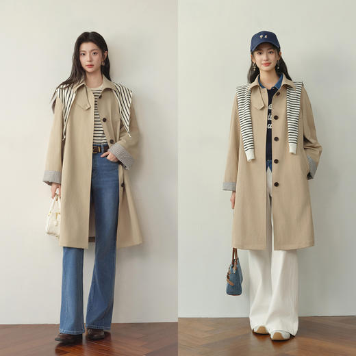 【严选】诗凡黎韩系格纹翻边通勤风衣2026春新款复古感翻领经典浅卡其外套7H1260171 商品图1